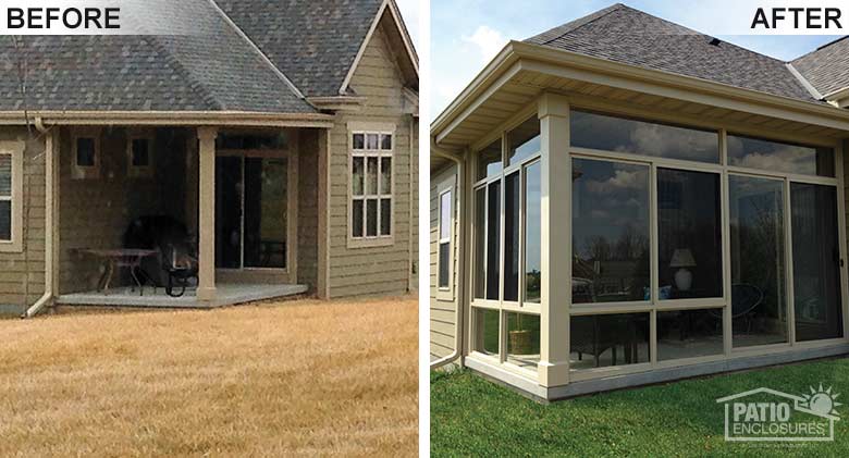Sandstone three season room with glass knee wall enclosing an existing covered patio.