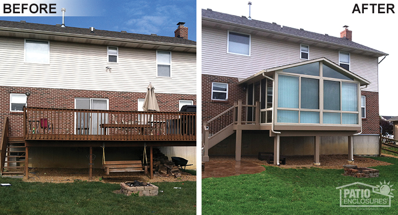 before and after split level home with a sunroom