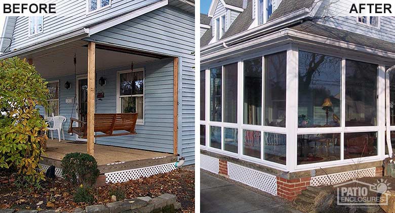 White three season room with glass knee wall enclosing an existing covered porch.