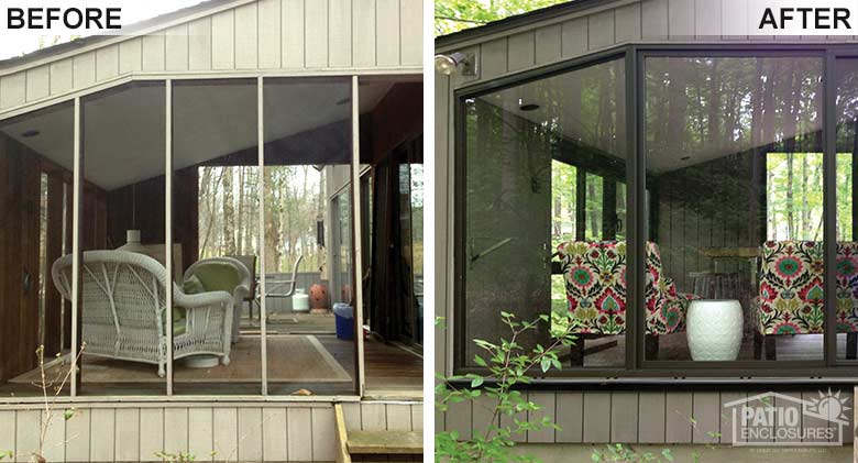Bronze three season room with floor-to-ceiling windows enclosing an existing screened-in porch.