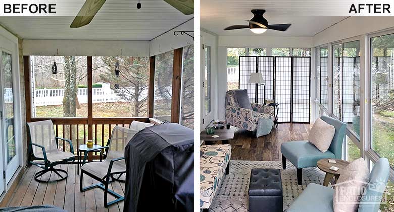 Elite three season room in white with glass knee wall enclosing an existing screened-in porch.