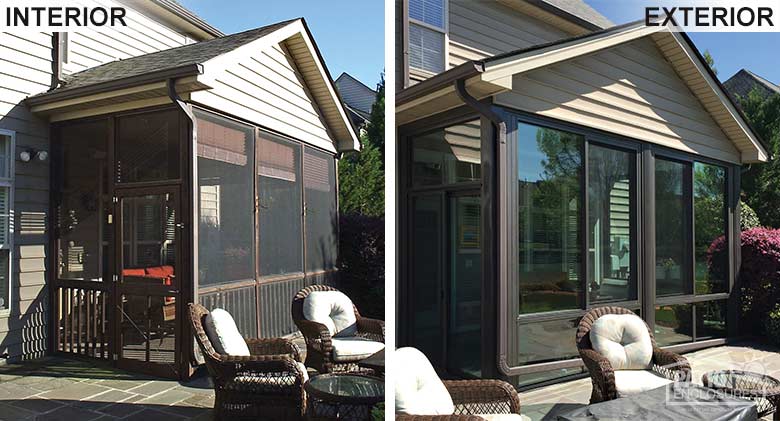 Bronze four season room with aluminum frame and glass knee wall enclosing an existing screened-in porch.