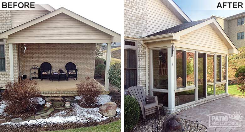 Sandstone four season room with vinyl frame and glass knee wall enclosing an existing covered patio.