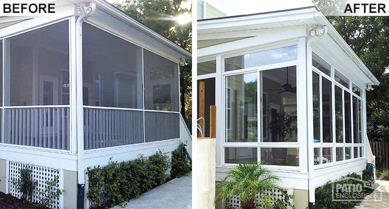 White elite three season room with glass knee wall enclosing an existing screened-in porch.