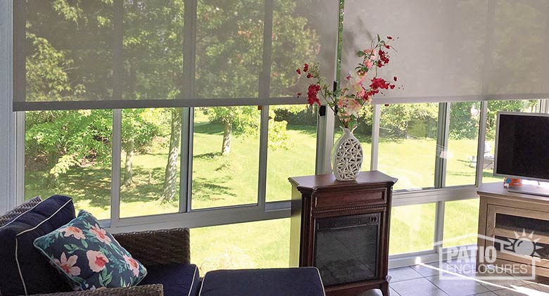 Roller shades can be adjusted as needed to control natural light.