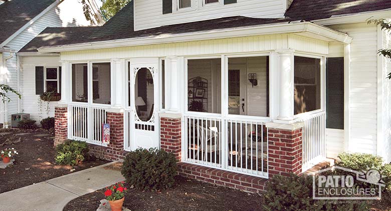 Screen Porch Enclosure in white with picket railing system.