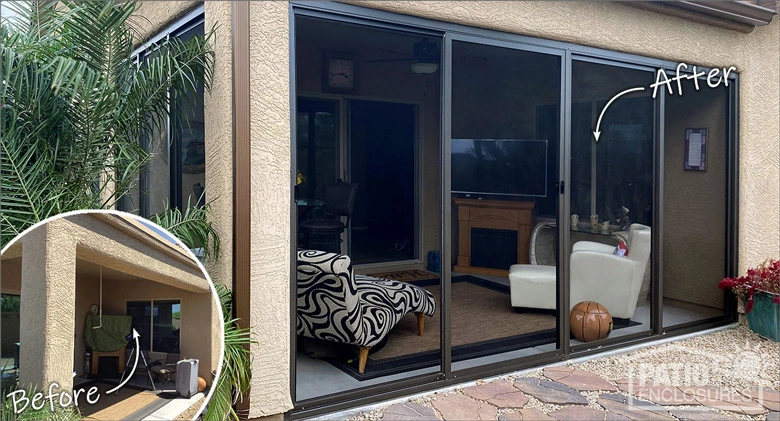 Before and after of a corner patio in Arizona converted into a screen enclosure with a brown frame.
.