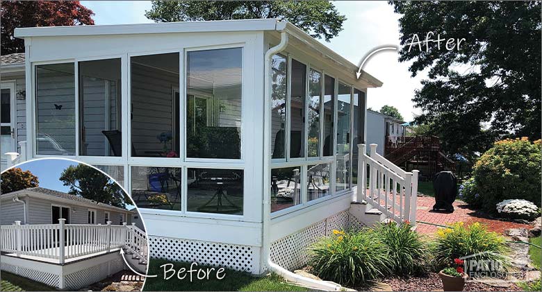Before and after photos: A glass sunroom with shed roof was built on a previously open deck; stairs lead to a brick patio.