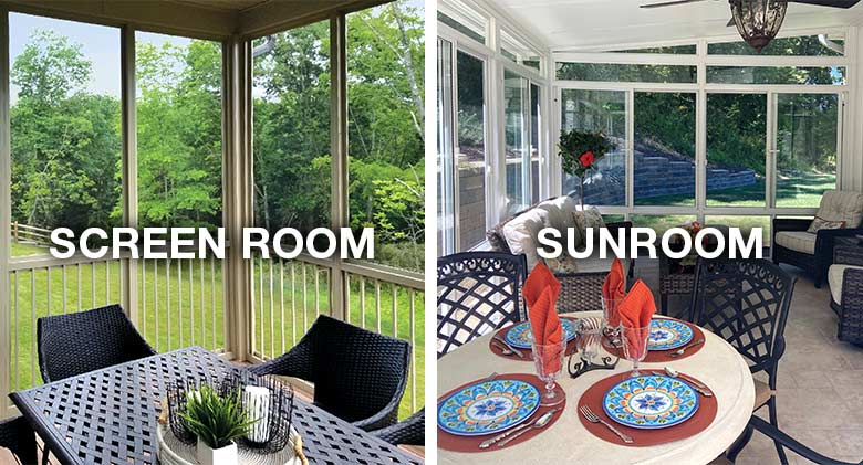 Image of a screen room interior (left) and sunroom interior (right) with screen room and sunroom printed over the photos.