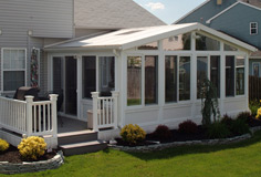 Patio Enclosures Sun Room Addition with Gable Roof and Deck