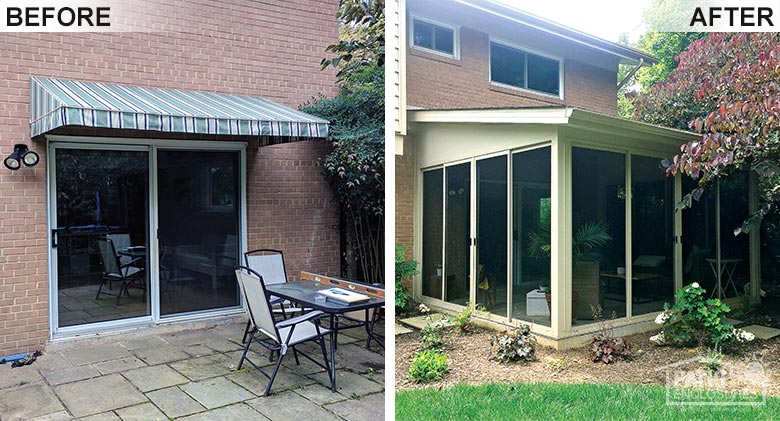 A screen room with single-slope roof adds protection from bugs and light rain to this open patio.