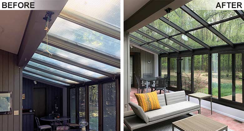 An old sunroom was replaced with a brand new, modern solarium.