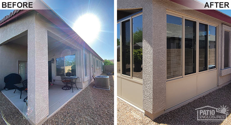 Sandstone elite three season room with solid knee wall enclosing an existing Arizona patio.