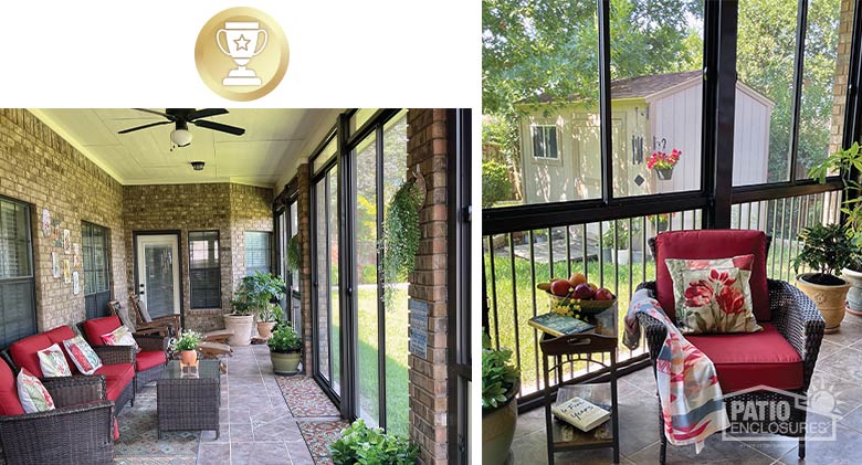 A collage of an enclosed patio furnished with brown wicker furniture with red cushions.