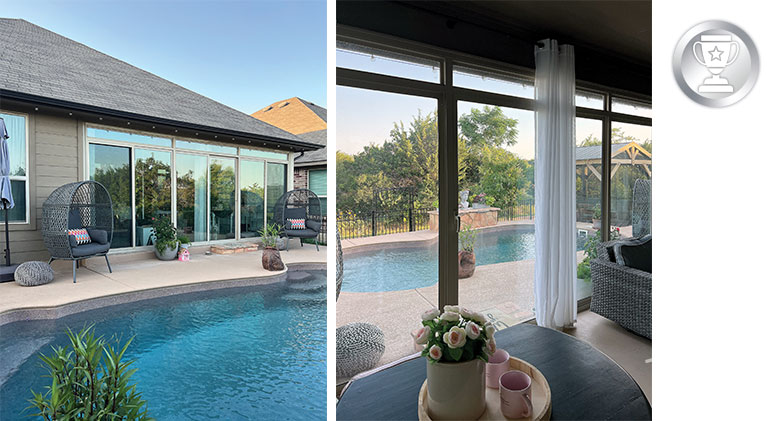 A collage of two photos of an enclosed patio. Exterior view with pool in foreground and interior view of pool from inside.