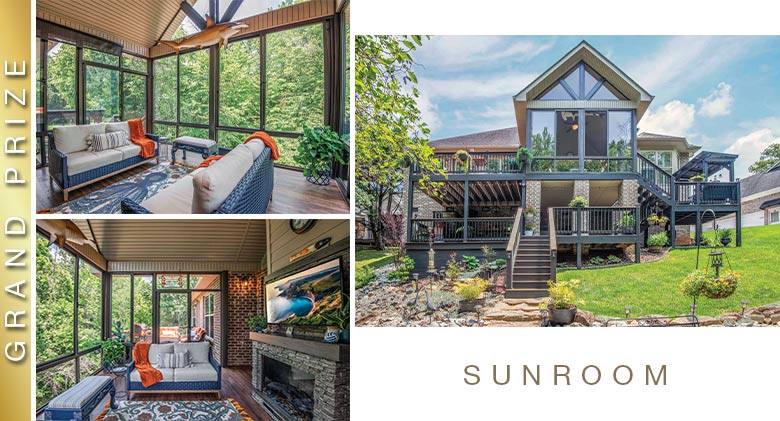 Three images of a large brown sunroom with gable roof, exterior and interior with blue, orange, and tan furnishings.