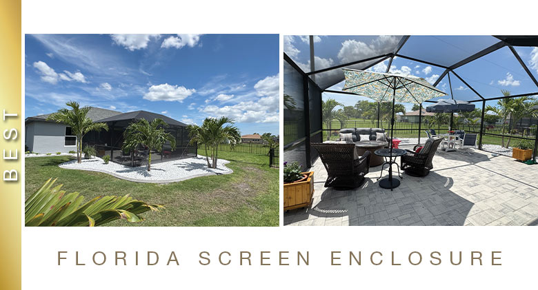 Two photos side by side, one of the exterior and one of the interior of a screened patio enclosure with screened roof.