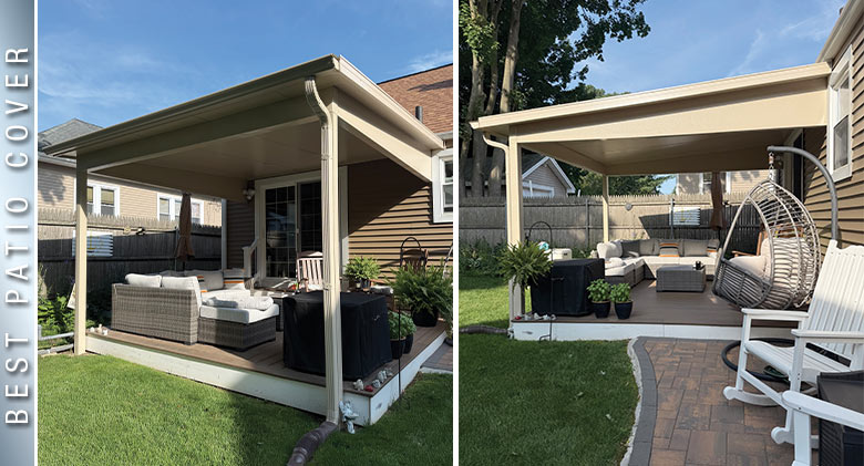 Two side-by-side photos of a beige patio cover. Comfortable wicker patio furniture with white cushions on the patio.