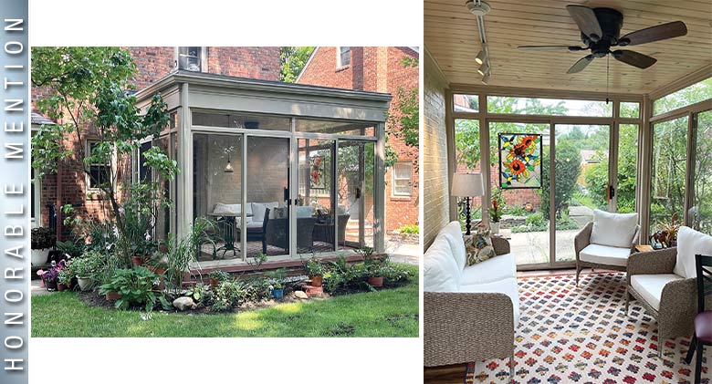 Two photots of a sunroom, one exterior & one interior with ceiling fan, beadboard ceiling, modern furniture & bright carpet.