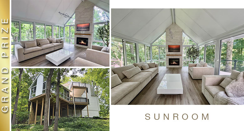 Grand Prize winner: Two interior & one exterior photo of a four-season room with fireplace, comfortable seating, gable roof.