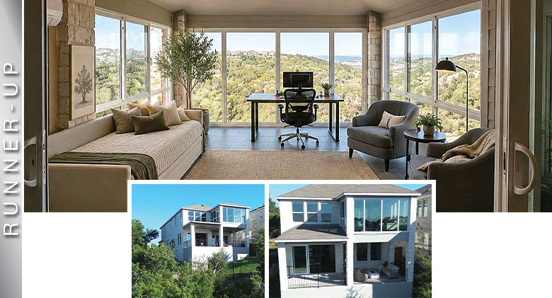 Runner-up: One interior, 2 exterior photos of  three-season room with desk, chair, sofa/daybed, two wing chairs, nice view.