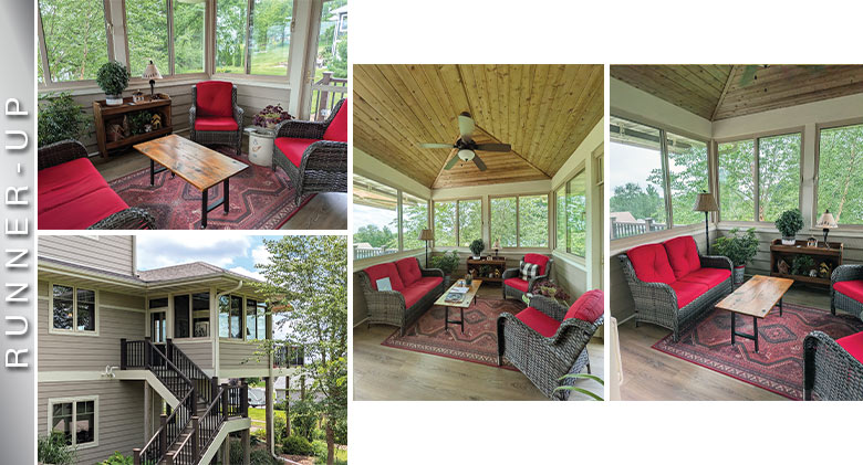 1 exterior, 3 interior photos of runner-up three-season room on 2nd floor w/wicker furniture, red cushions, coffee table, rug