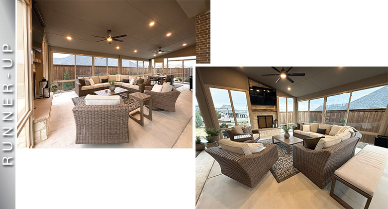 Two interior runner-up pics of large three-season room with ceiling fans, fireplace, seating and dining areas.