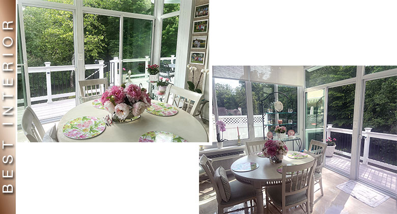 Best Interior: Two overlapping images of three-season room with table set for four, pink flowers, and flowered placemats.
