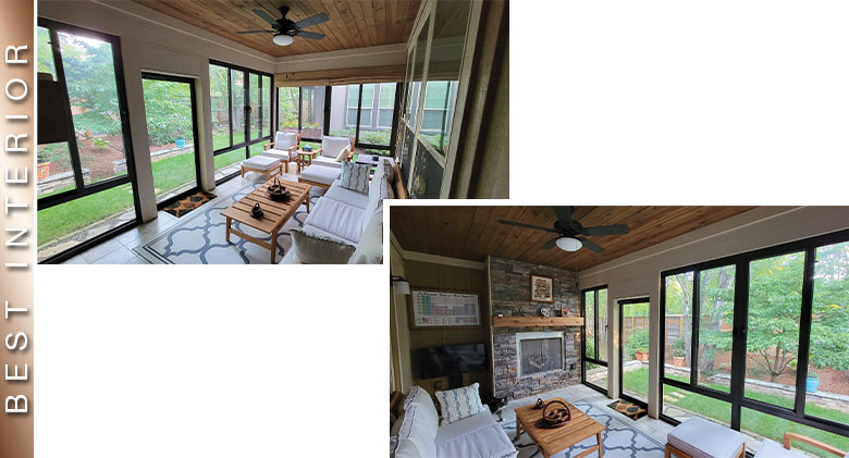 : Best Interior: Two interior photos of brown three-season room with fireplace and large seating area, ceiling fan.