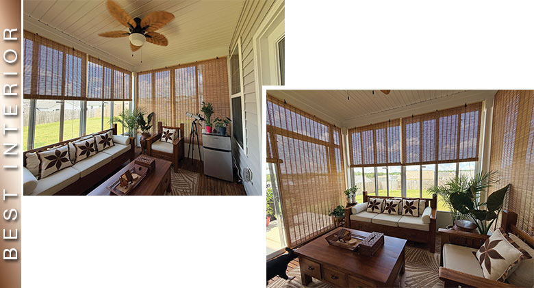 Best Interior: Asian-inspired furnishings with bamboo shades, white & brown sofa and chair, ceiling fan, wood coffee table.