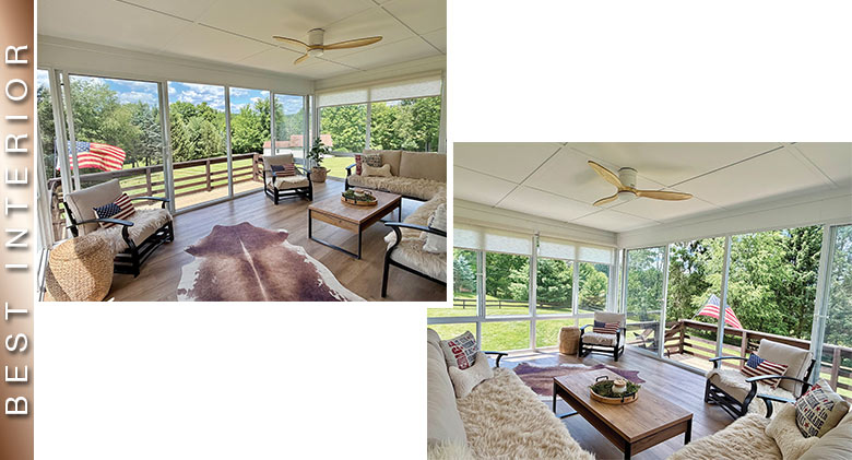 Best Interior: Two images of second-story three-season room with animal print rug, white/black furniture, and American flags.