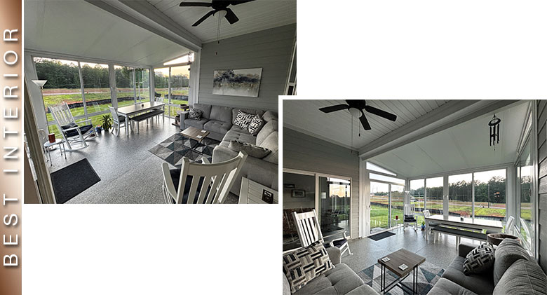 Two photos of a Best Interior winner. Three-season room with glass walls,  table, chairs and seating area in the back.