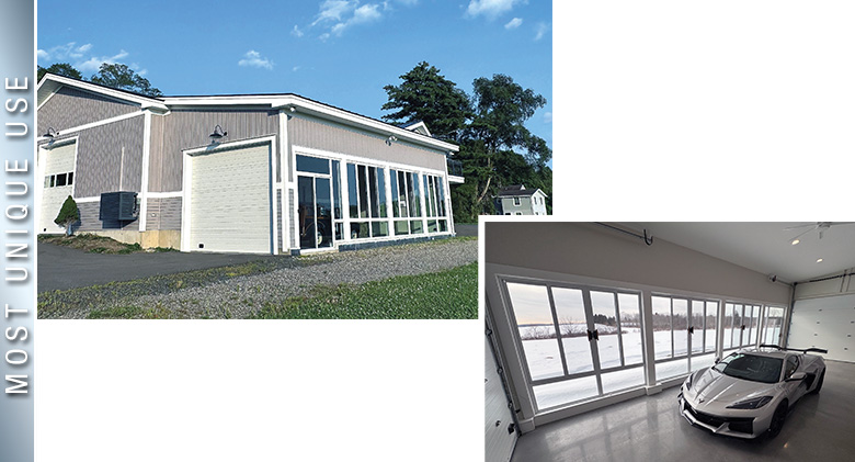 Most Unique Use for a Sunroom: Two images of large, gray garage enclosed on the end with a wall of glass.