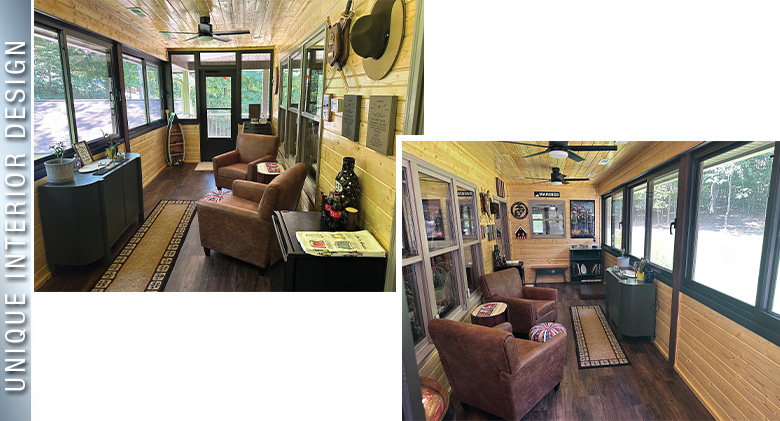 Most Unique Interior Design: Two photos of a three-season porch enclosure with wood paneling on ceiling and walls.
