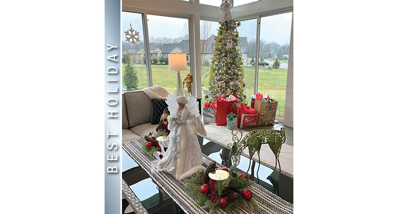 Best Holiday Photo: Angel, greenery with candles in the foreground, Christmas tree and packages in the corner of a
sunroom