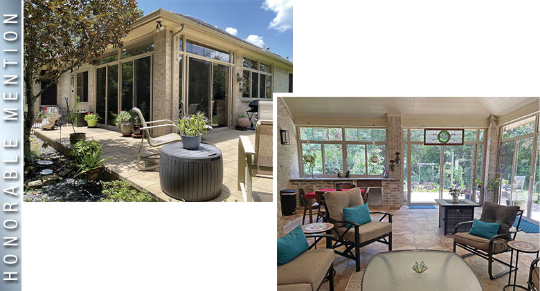 Honorable Mention: Exterior and interior of corner patio enclosure with kitchen and seating areas.