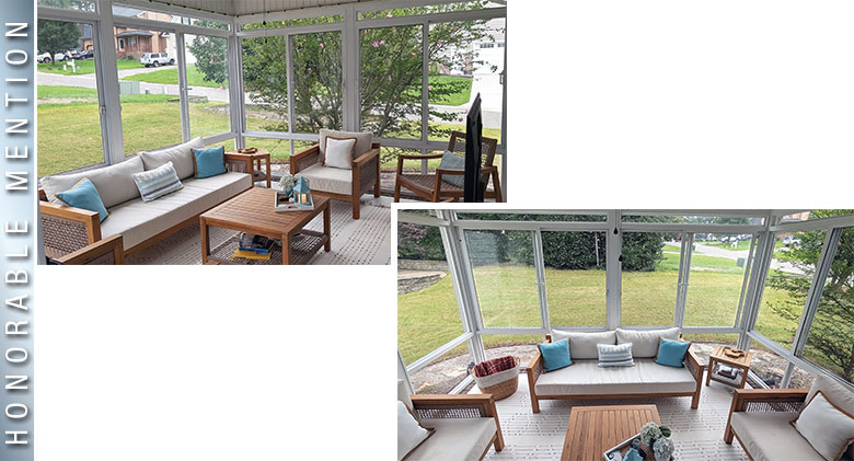 Honorable Mention: Two photos of three-season room with wood furniture, white cushions, blue & white pillows, side
tables.