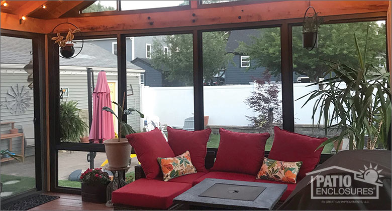 Screen Room decorated with red sofa