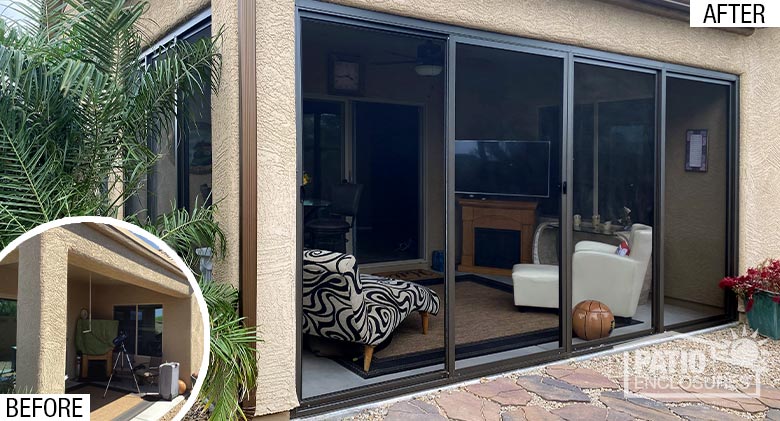 
Before pic of open patio on beige stucco building; after pic of same patio converted to a screened room with brown frame. 