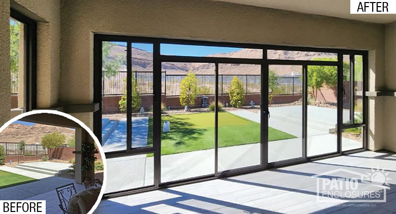 
Before pic looking at desert view from inside a covered patio; after pic looking out from same patio, now enclosed in glass.