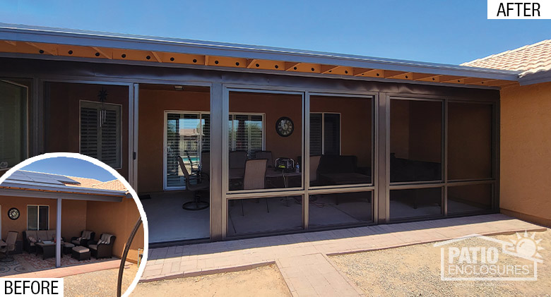 Before pic of an open, covered patio on back of a home; after pic of same, now screened in with black screens in brown frame. 