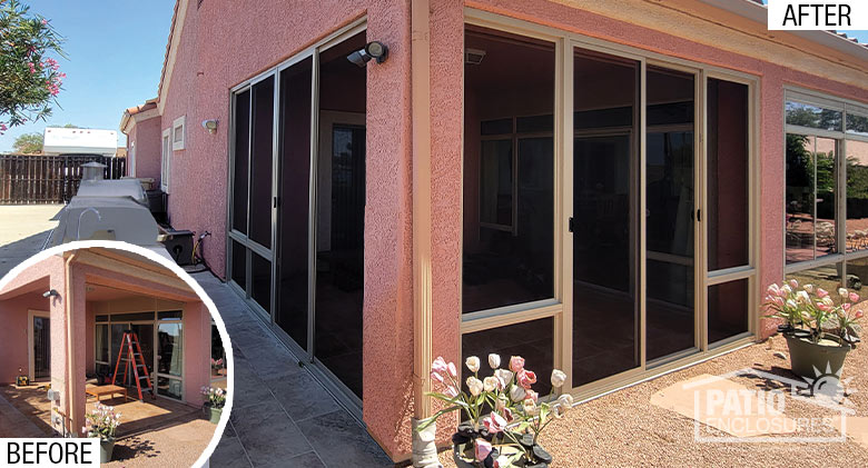 Before of an open corner patio on pink stucco house; after pic of same patio now enclosed with screening.