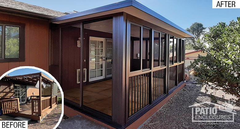 Before pic of dilapidated covered deck; after pic of covered screen room enclosure with a solid roof and picket railing.