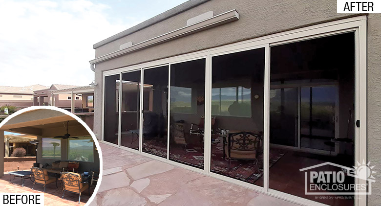 Before pic of the side of a long corner patio, open to the elements; after pic of same enclosed with screened patio doors.