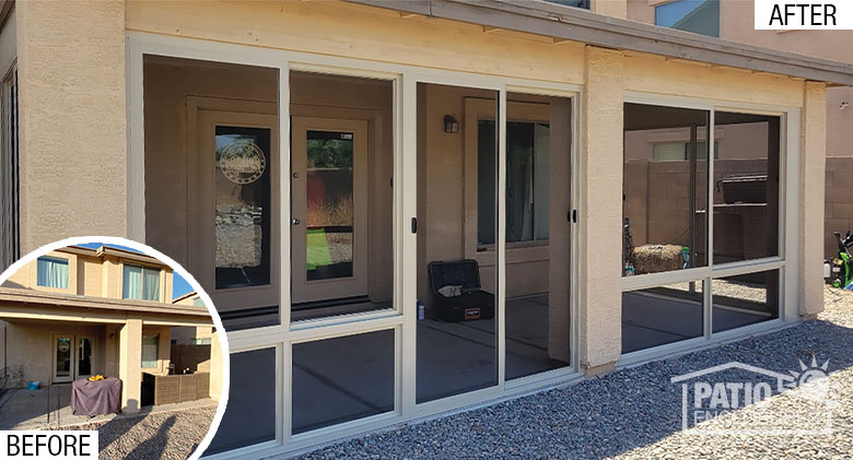 Before pic of open patio with post in the middle; after pic of same patio screened in with patio doors to the left of post.