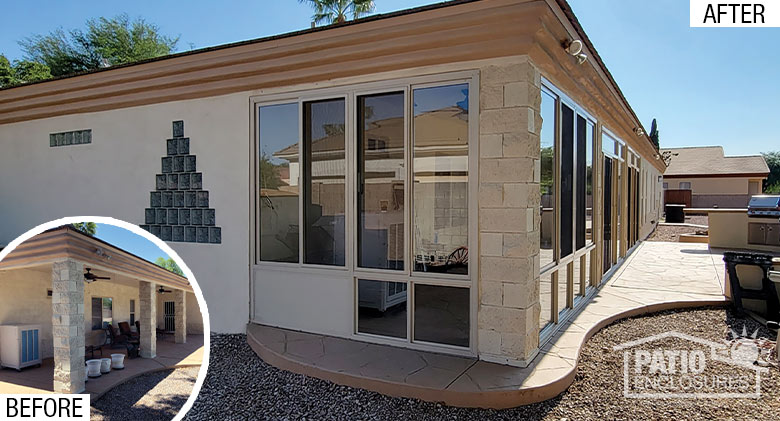 
Before view of open patio with stone pillars; after view of same patio enclosed with glass.