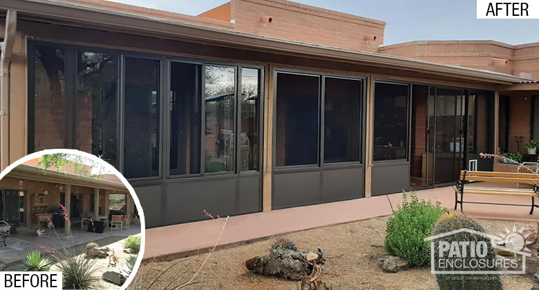 Screened patio enclosure in a pink stucco one-story home in Arizona, potted tulips in front and outdoor kitchen on the side