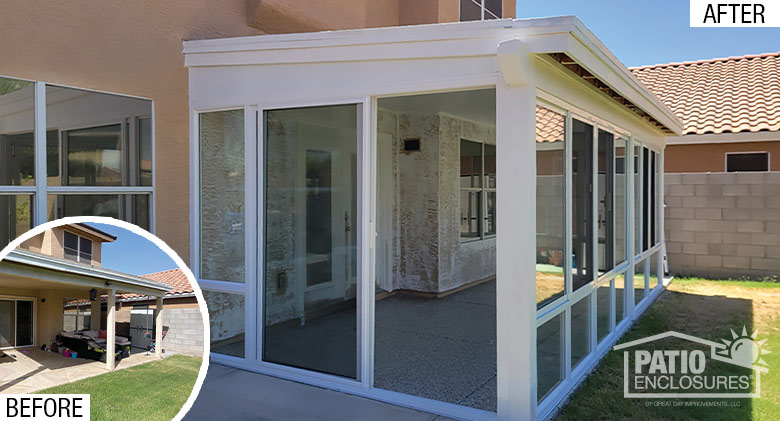 Before  pic of an open covered patio; after pic of same patio enclosed with glass in a white frame