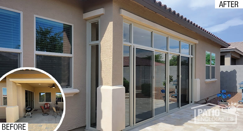 Before photo of an open covered patio in a tan stucco building; after pic of same patio enclosed in glass with patio doors.