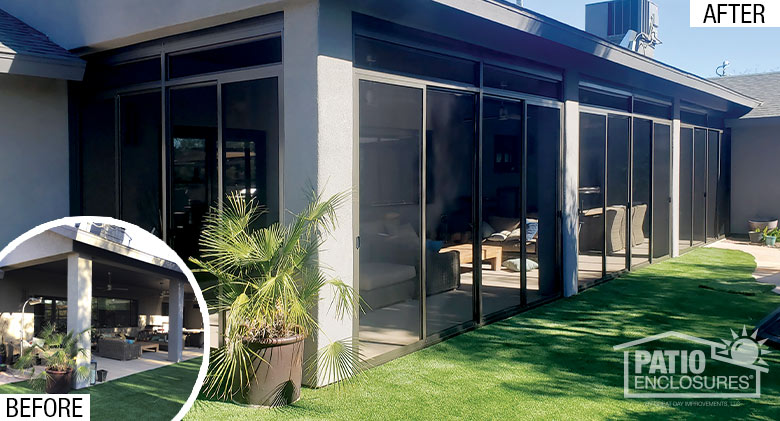 : Circular before pic of open patio in light gray stucco building; after pic of same patio, now a screen room with brown frame.